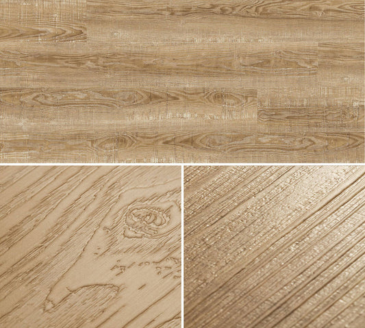 Flächenansicht des Dekors / Detailansicht der Oberflächenprägung (links: CLICK COLLECTION / rechts: SPC - CORE COLLECTION)