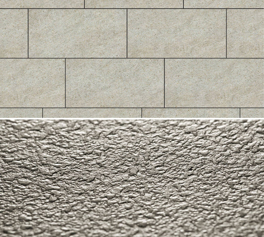 Flächenansicht des Dekors (Verlegebeispiel mit Fugenprofilen) / Detailansicht der Oberflächenprägung