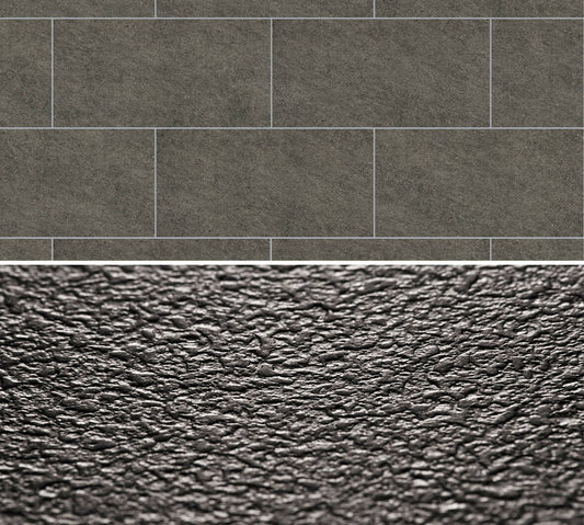 Flächenansicht des Dekors (Verlegebeispiel mit Fugenprofilen) / Detailansicht der Oberflächenprägung