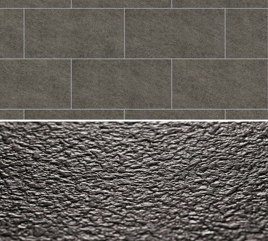 Flächenansicht des Dekors (Verlegebeispiel mit Fugenprofilen) / Detailansicht der Oberflächenprägung